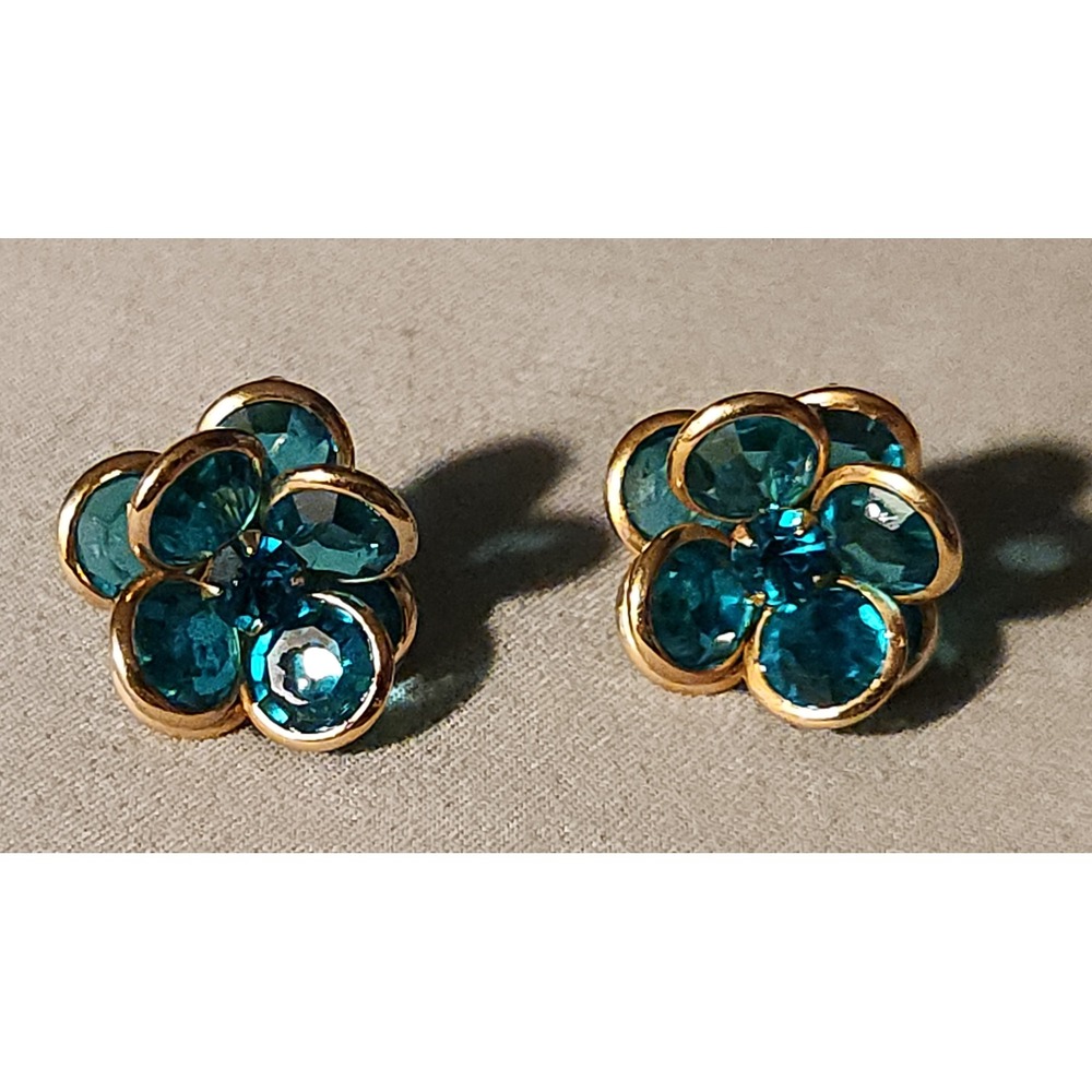Vintage Turquoise Crystal Flower Earrings Gold Tone 3D Floral Studs Teal Blue